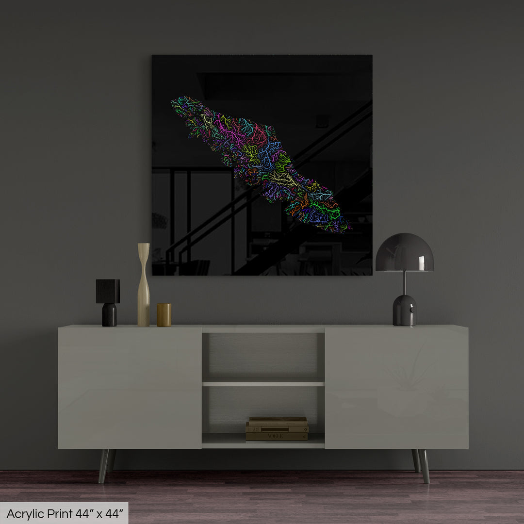 Vancouver Island - River basin map, rainbow colours - Wall Art