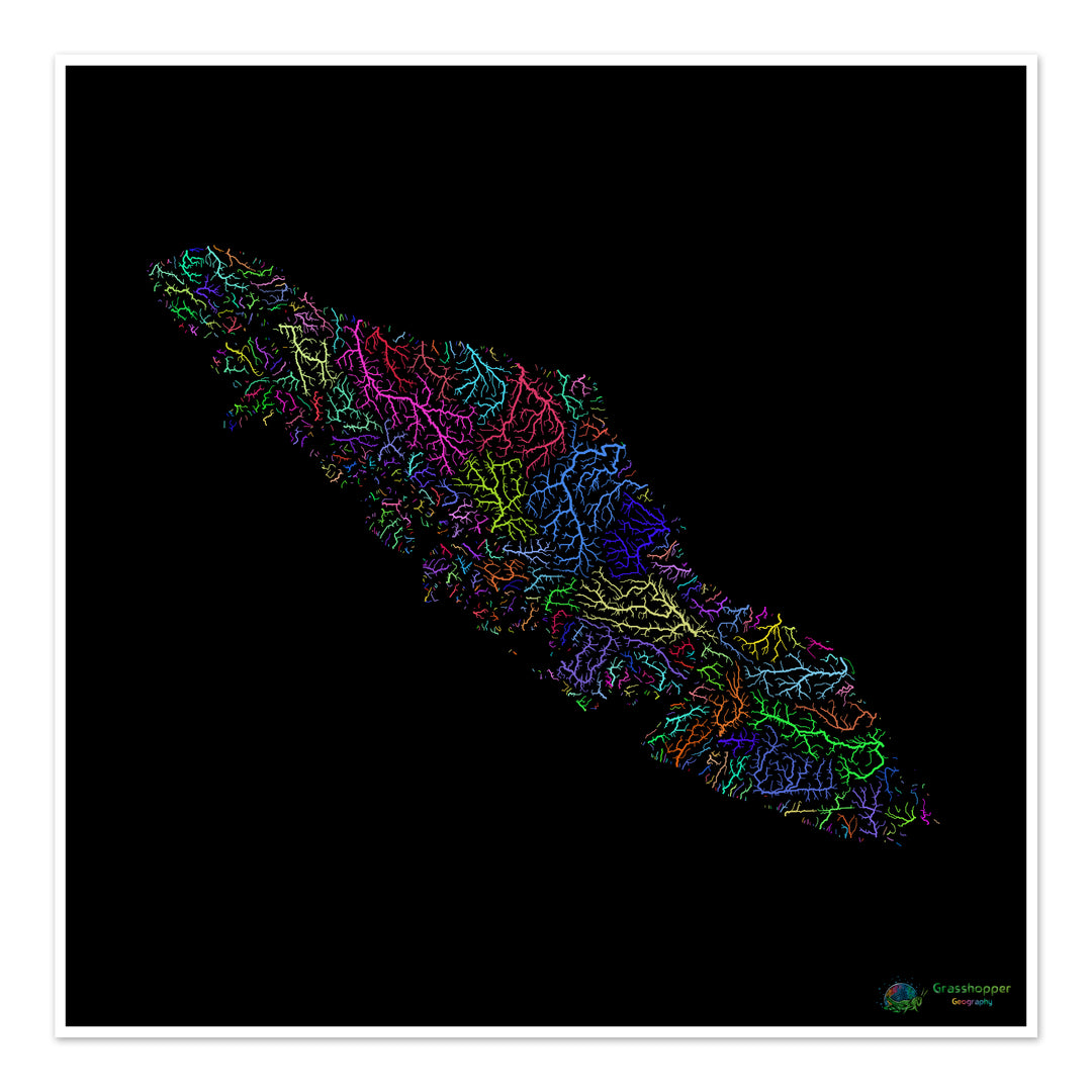River basin map of Vancouver Island, rainbow colours on black - Fine Art Print