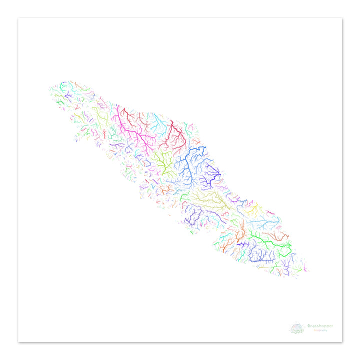 River basin map of Vancouver Island, rainbow colours on white Fine Art Print
