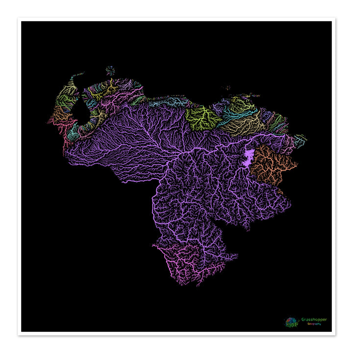 Venezuela - Carte des bassins fluviaux, pastel sur noir - Fine Art Print