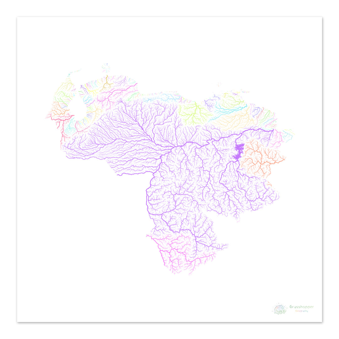 River basin map of Venezuela, pastel colours on white - Fine Art Print