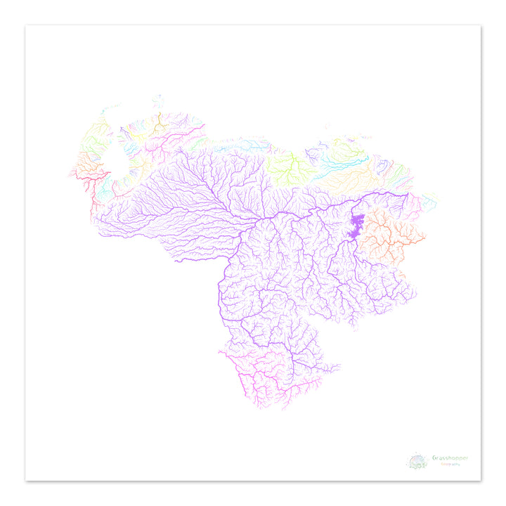 Venezuela - Carte des bassins fluviaux, pastel sur blanc - Fine Art Print