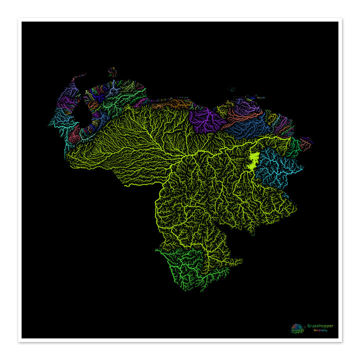 Venezuela - Mapa de cuencas fluviales, arcoíris sobre negro - Impresión de Bellas Artes
