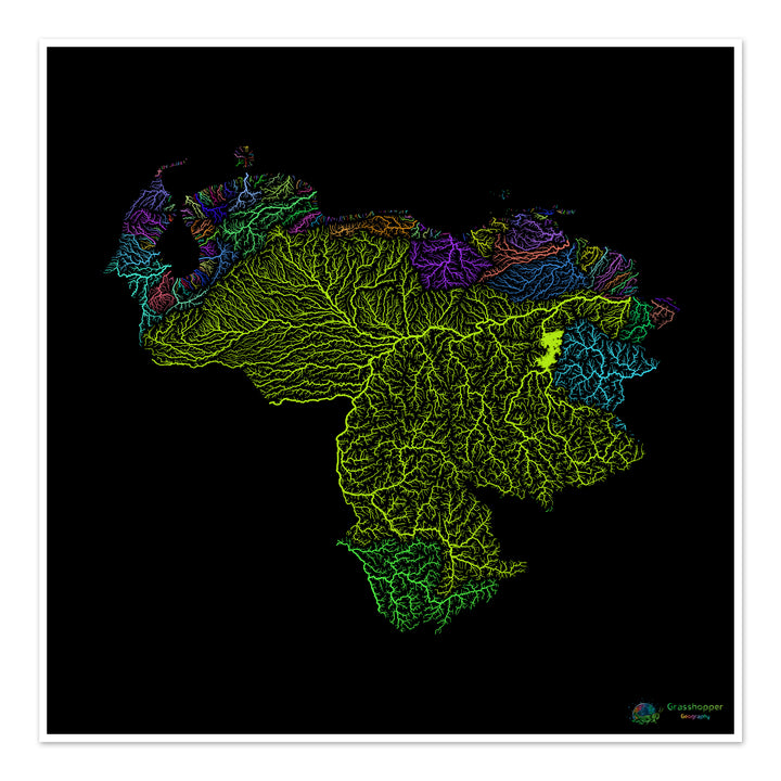 Venezuela - Mapa da bacia hidrográfica, arco-íris em preto - Impressão de belas artes
