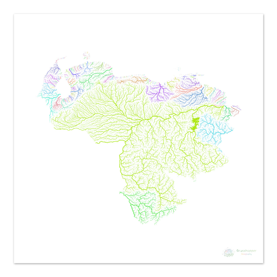 Venezuela - Mapa de cuencas fluviales, arco iris sobre blanco - Impresión de Bellas Artes