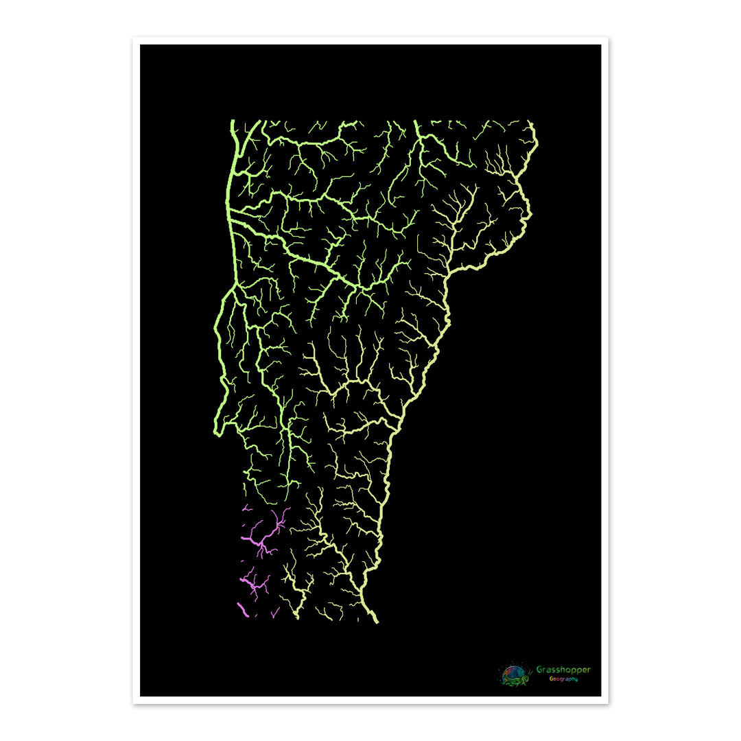 Vermont - Mapa de la cuenca del río, pastel sobre negro - Impresión de Bellas Artes