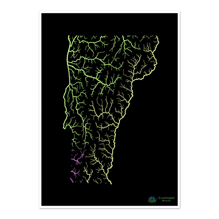Vermont - Carte du bassin fluvial, pastel sur noir - Fine Art Print