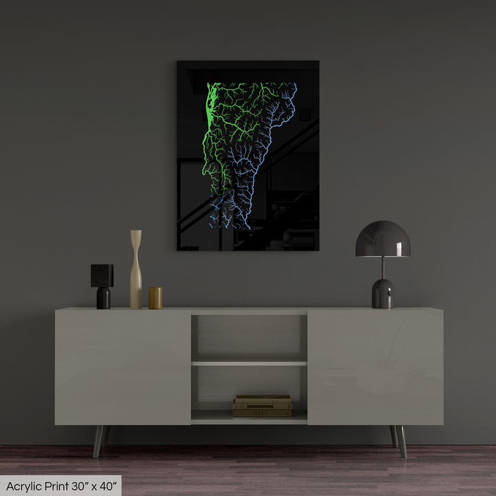 Vermont - River basin map, rainbow colours - Wall Art