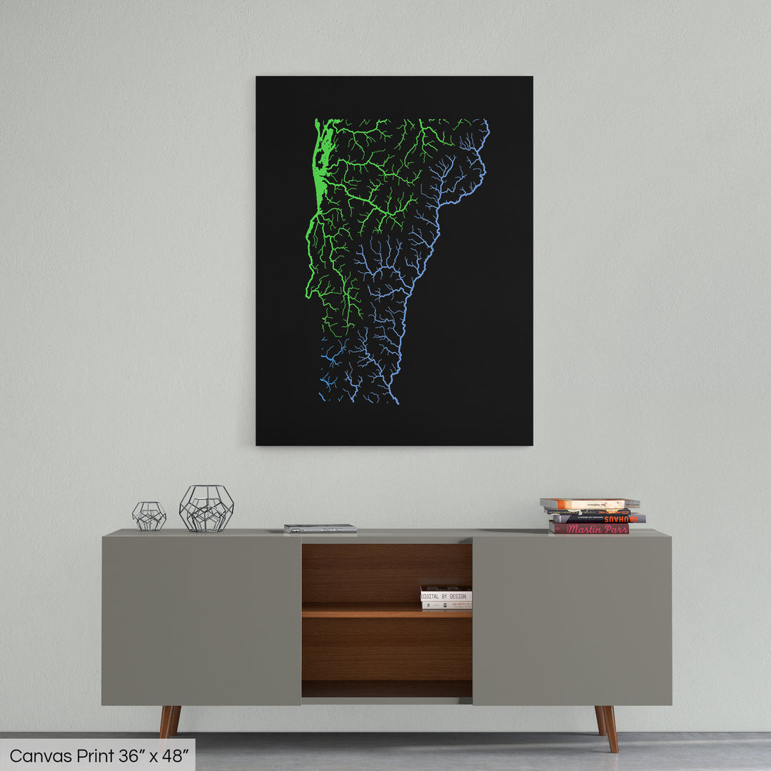 Vermont - River basin map, rainbow colours - Wall Art