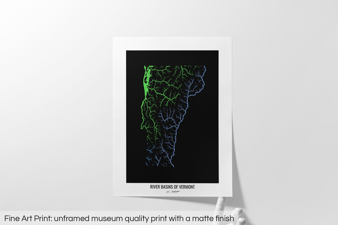Vermont - River basin map, rainbow colours - Wall Art