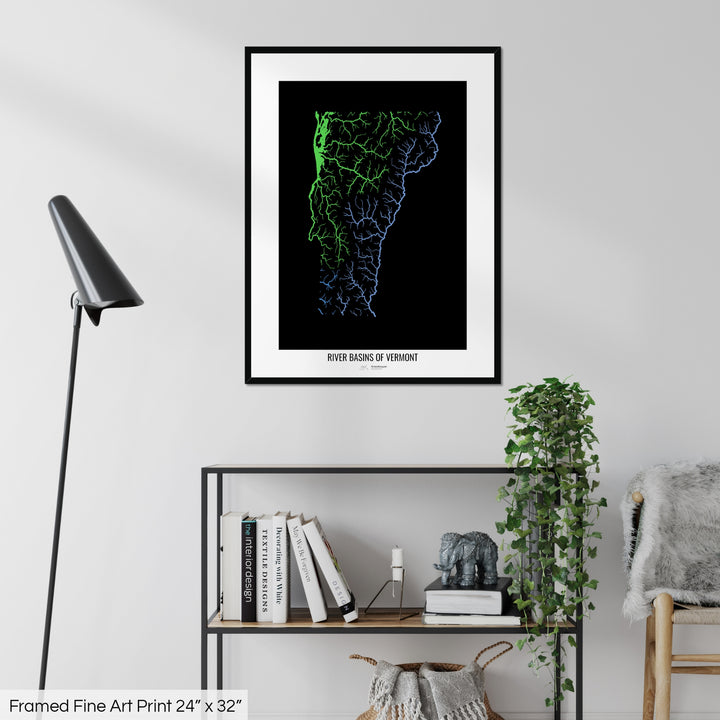 Vermont - River basin map, rainbow colours - Wall Art