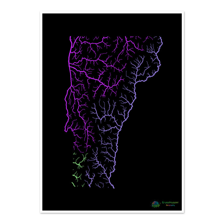 River basin map of Vermont, rainbow colours on black - Fine Art Print
