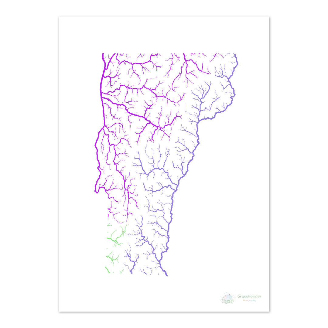 Vermont - Carte du bassin fluvial, arc-en-ciel sur blanc - Fine Art Print