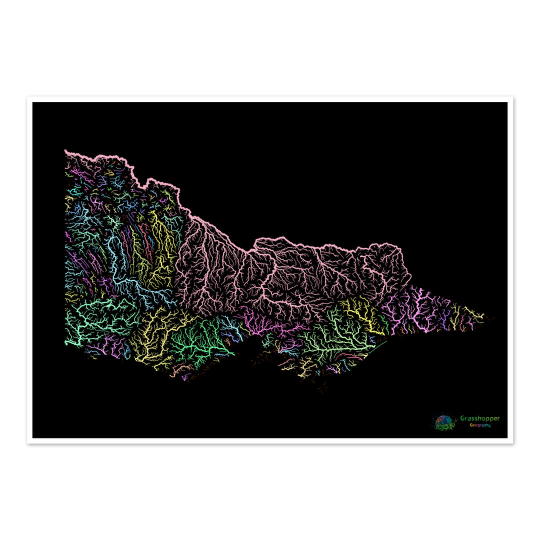 River basin map of Victoria, pastel colours on black - Fine Art Print