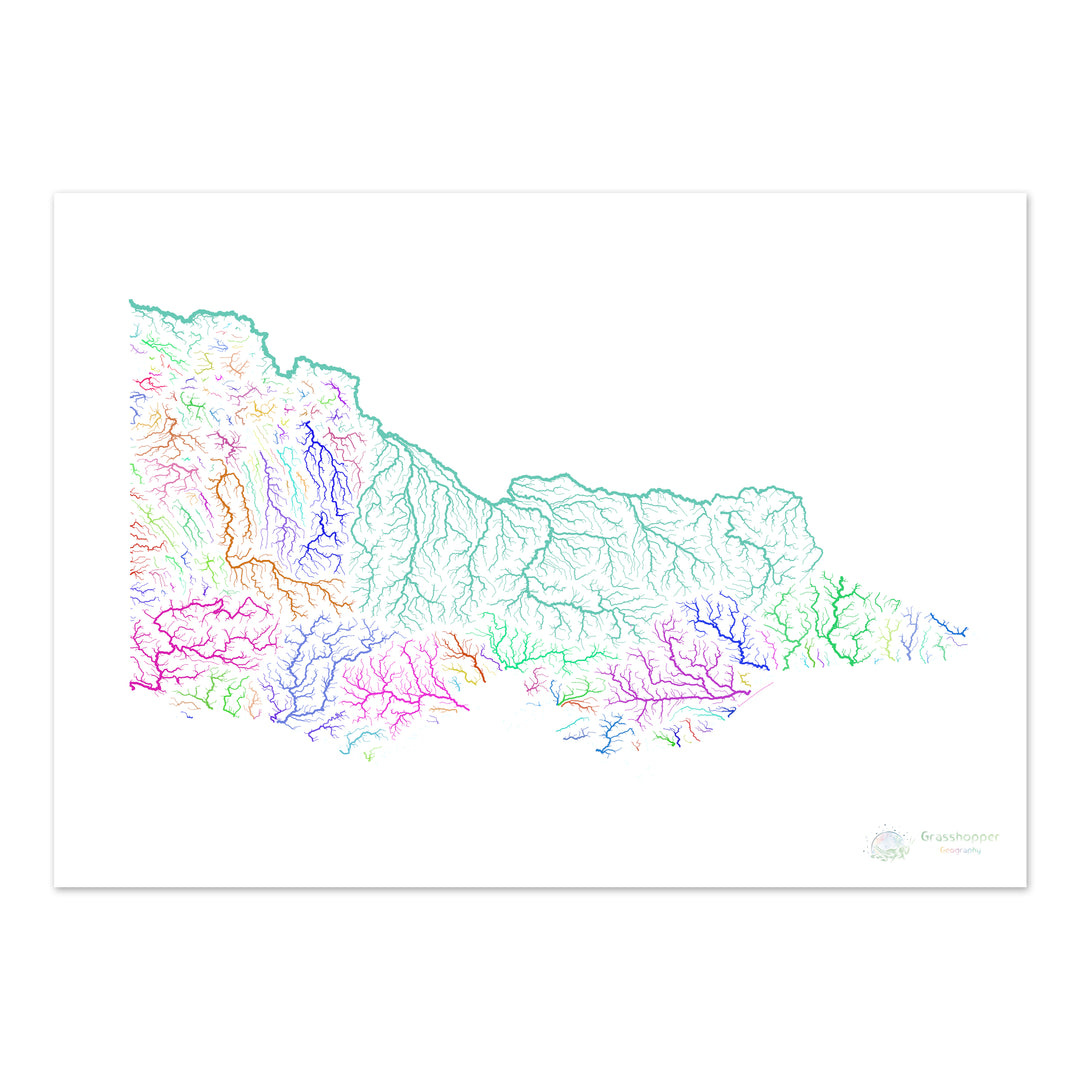 Victoria - Mapa de la cuenca del río, arco iris sobre blanco - Impresión de bellas artes