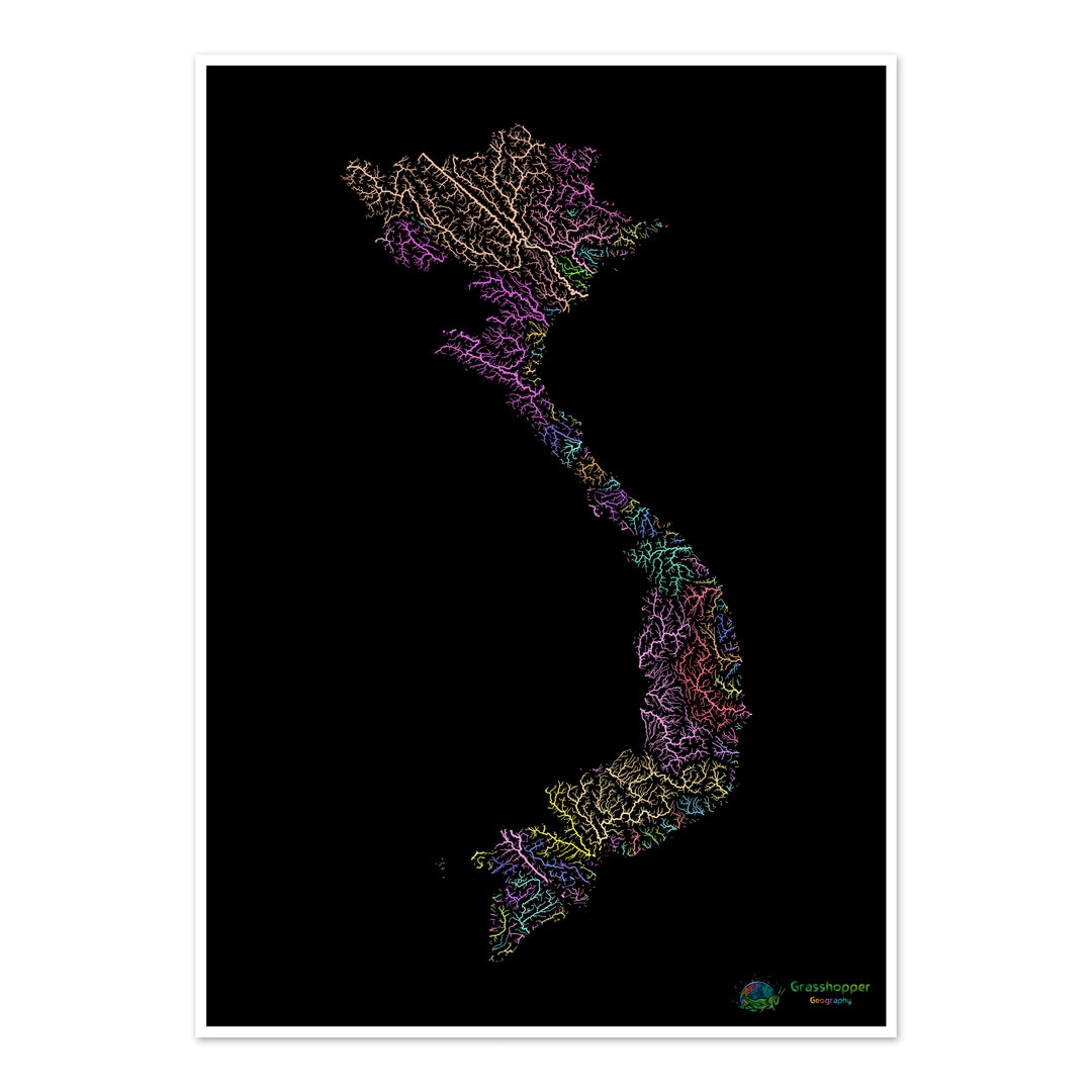Vietnam - Carte des bassins fluviaux, pastel sur noir - Fine Art Print