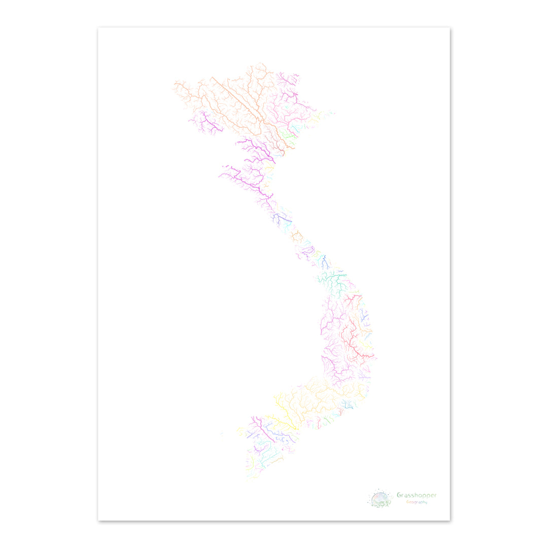 Vietnam - Mapa de la cuenca fluvial, pastel sobre blanco - Impresión de Bellas Artes
