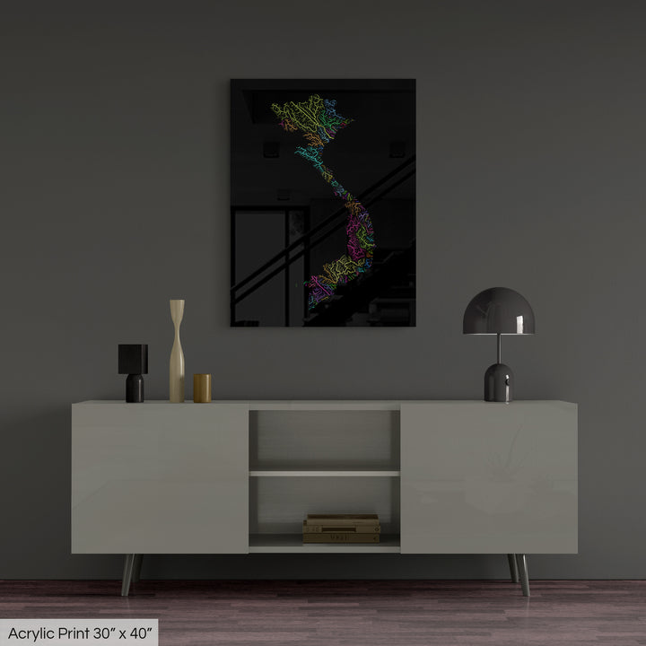Vietnam - River basin map, rainbow colours - Wall Art