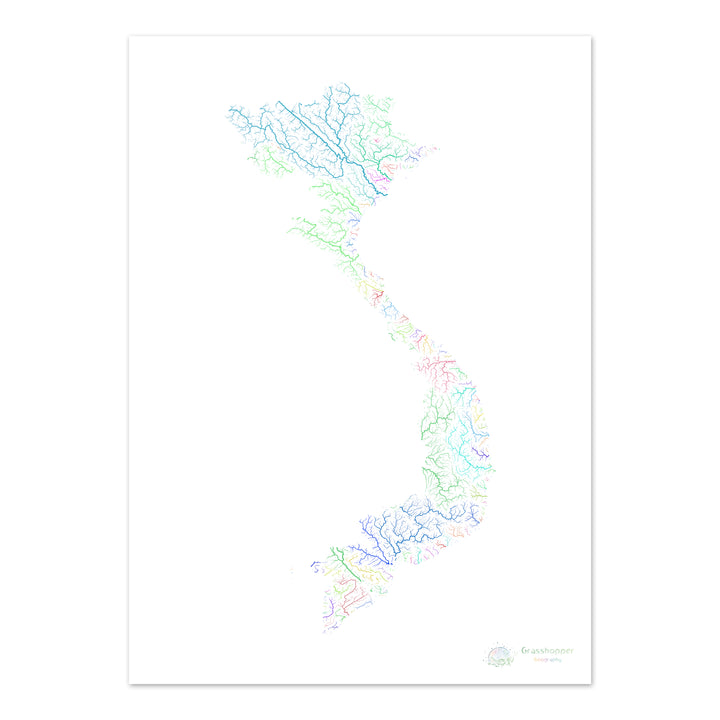 River basin map of Vietnam, rainbow colours on white Fine Art Print