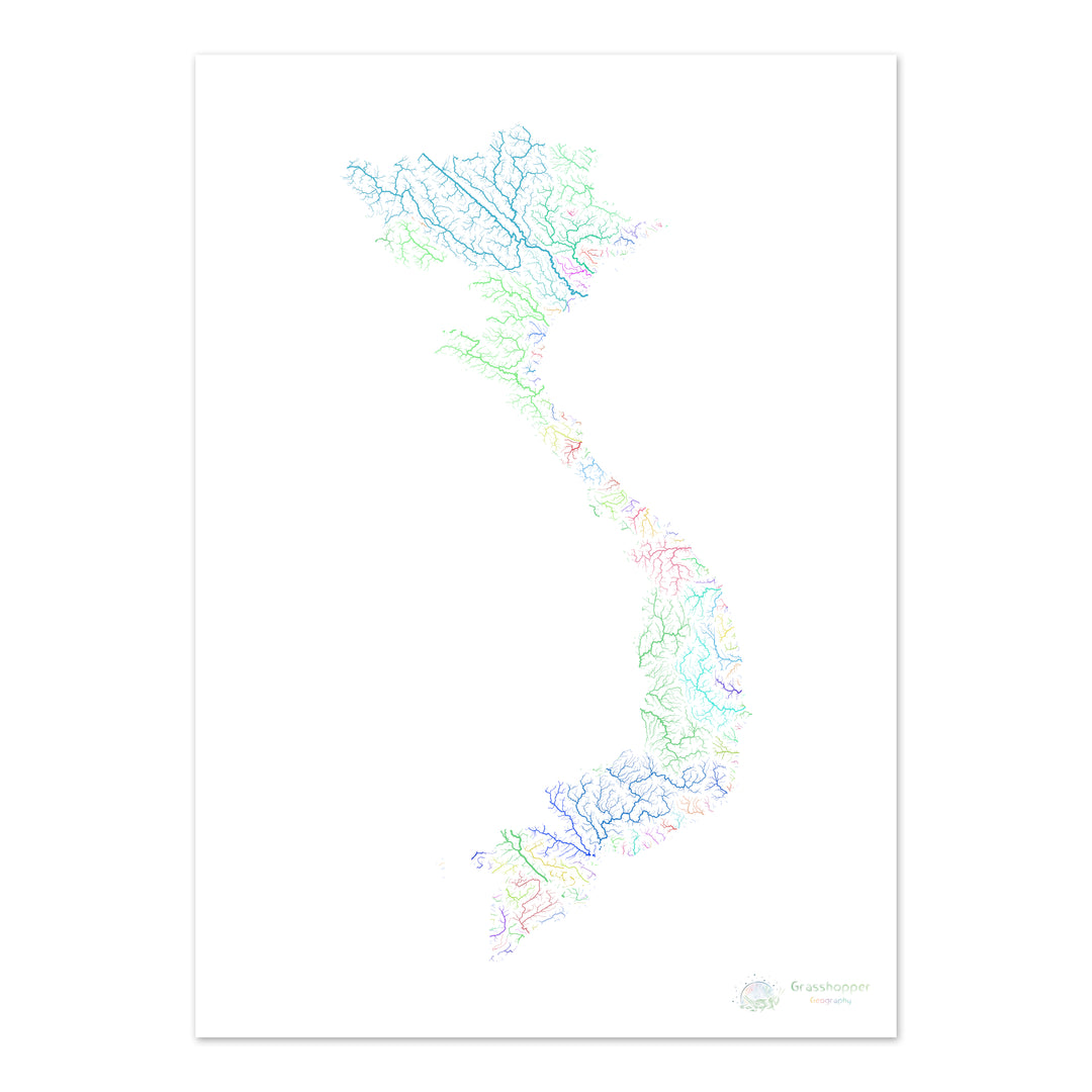 Vietnam - River basin map, rainbow on white - Fine Art Print