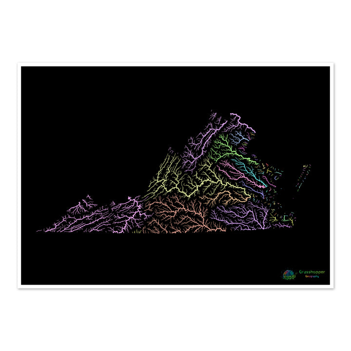 Virginie - Carte du bassin fluvial, pastel sur noir - Fine Art Print