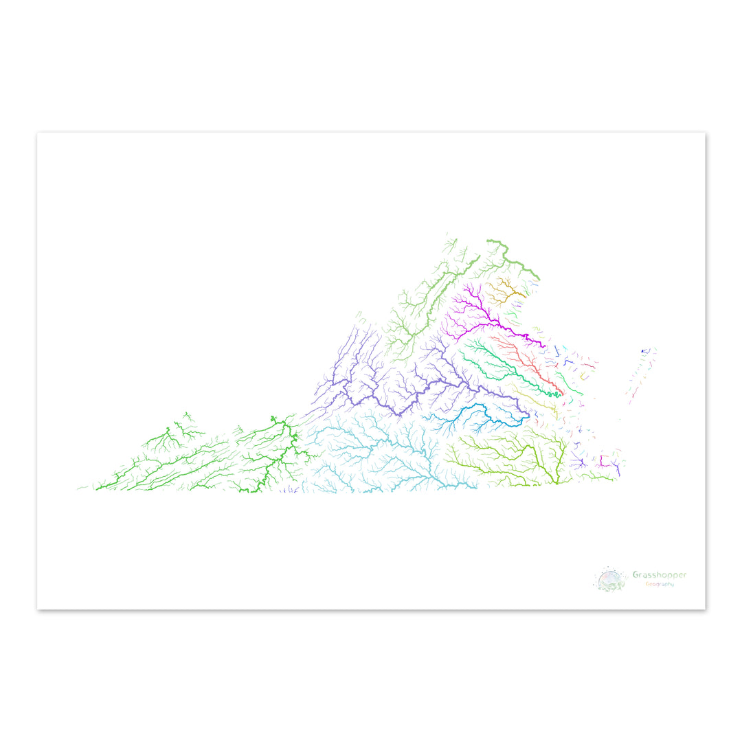 River basin map of Virginia, rainbow colours on white Fine Art Print