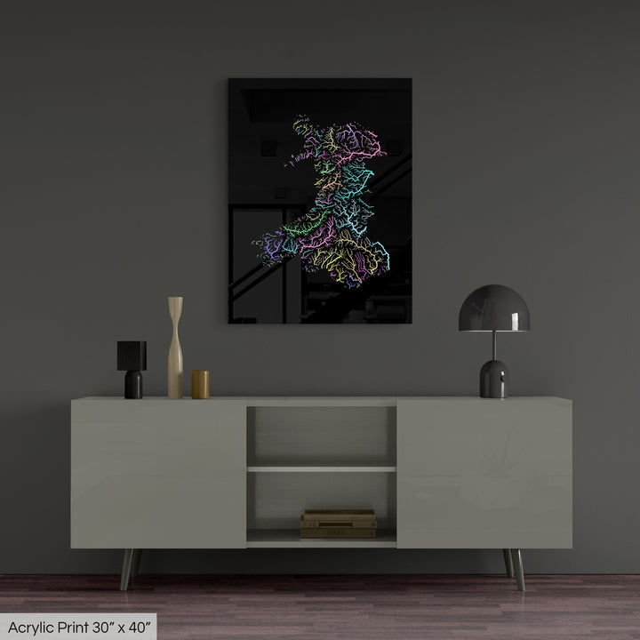 Wales - River basin map, pastel colours - Wall Art
