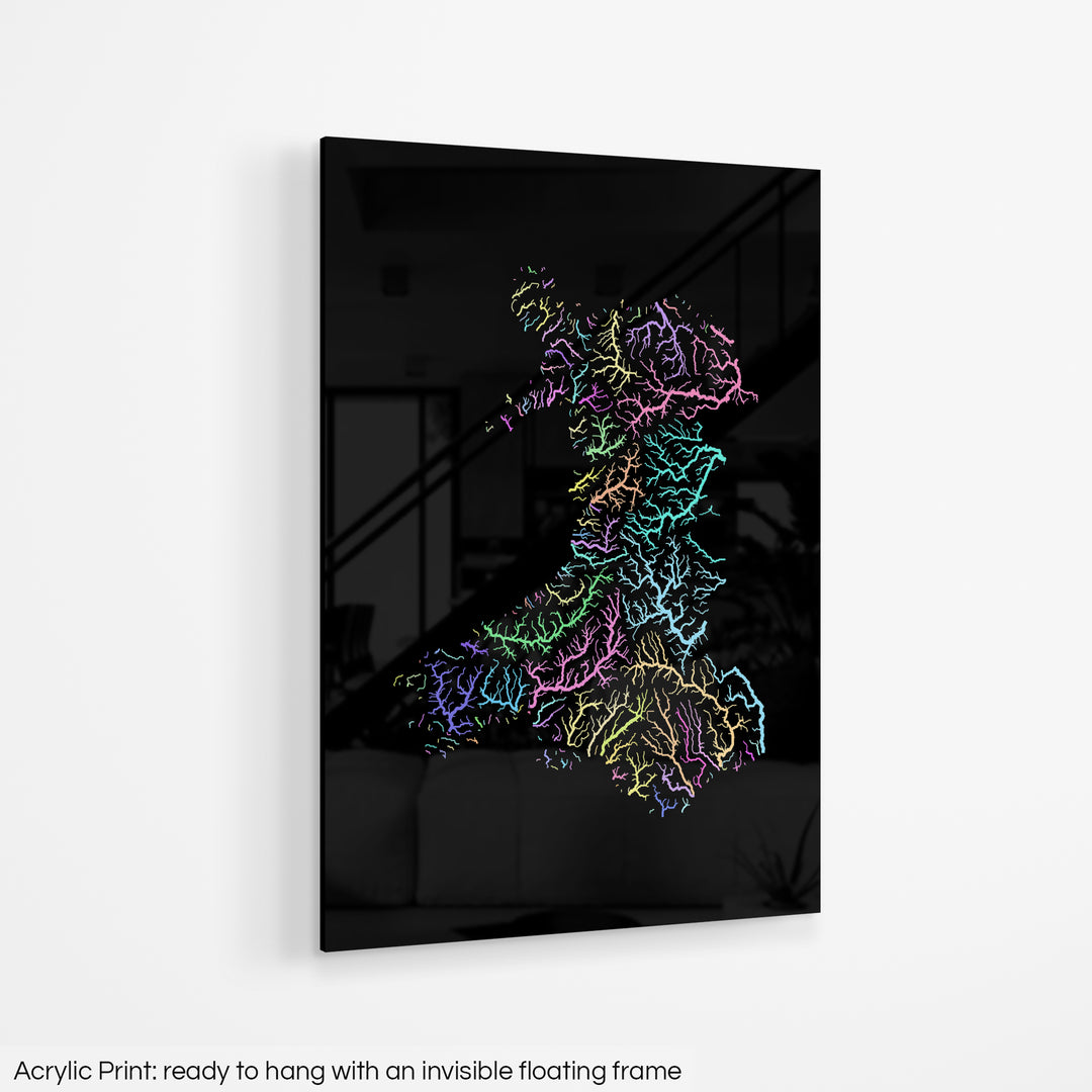 Wales - River basin map, pastel colours - Wall Art