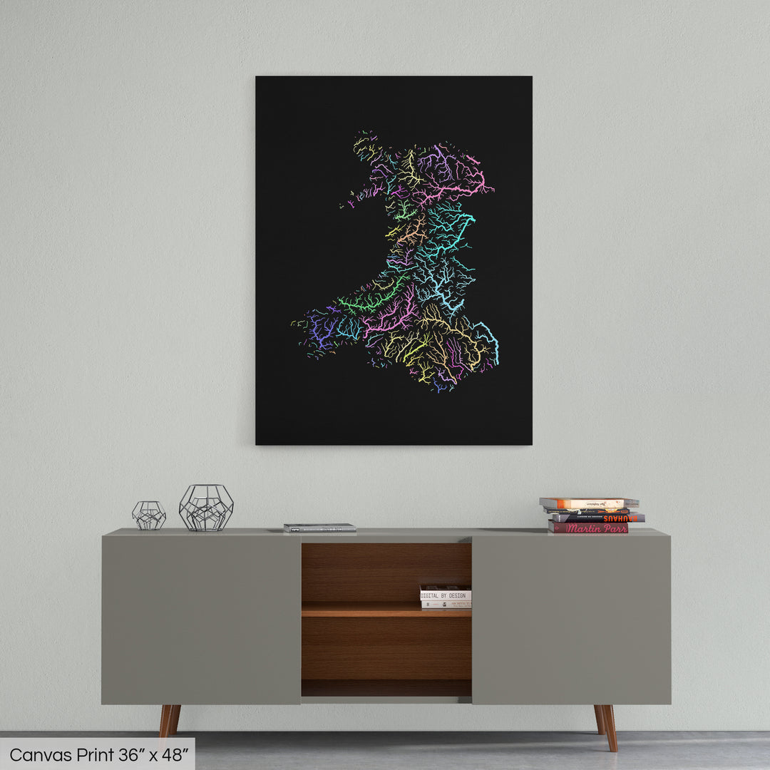 Wales - River basin map, pastel colours - Wall Art