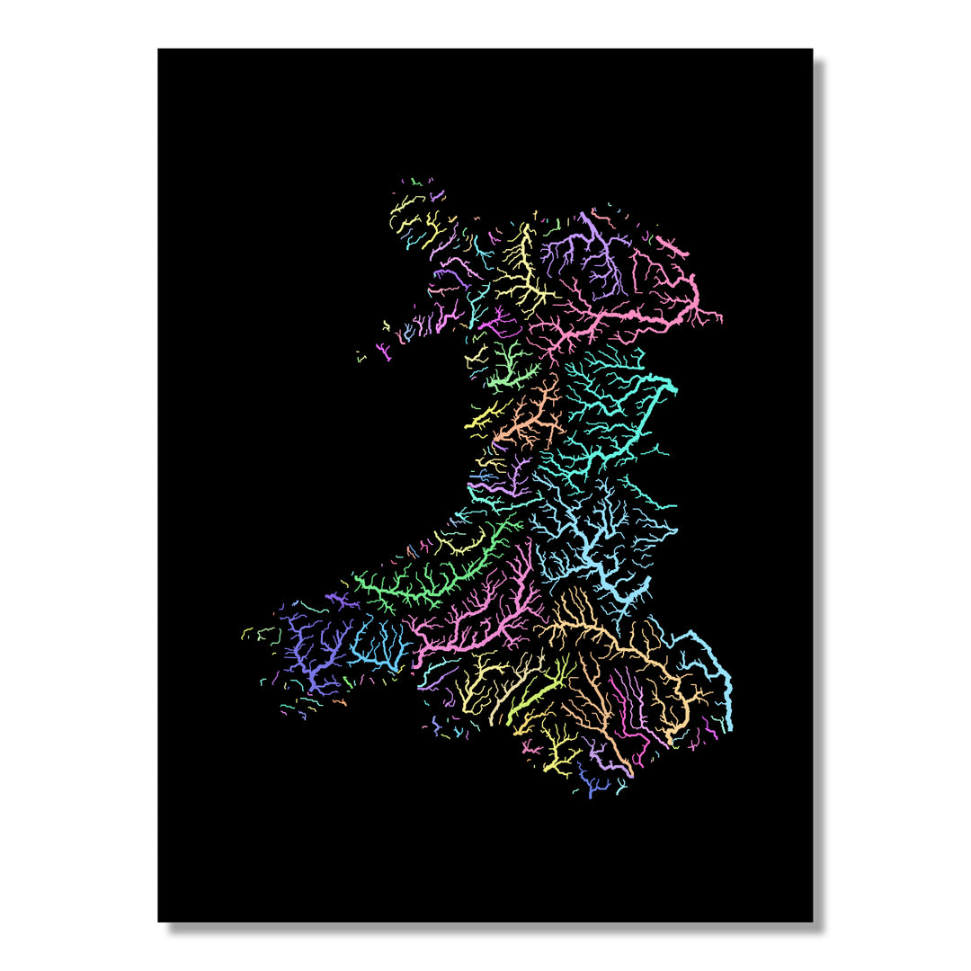 Wales - River basin map, pastel colours - Wall Art