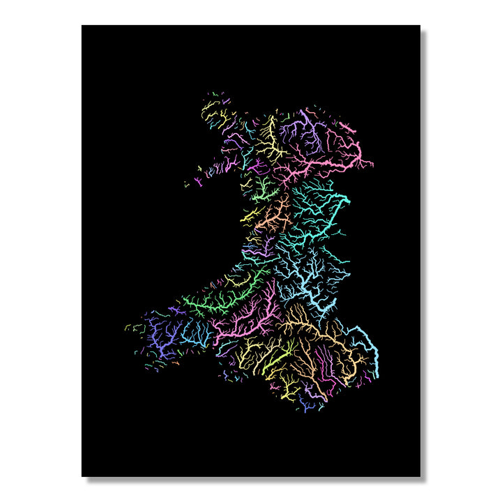 Wales - River basin map, pastel colours - Wall Art