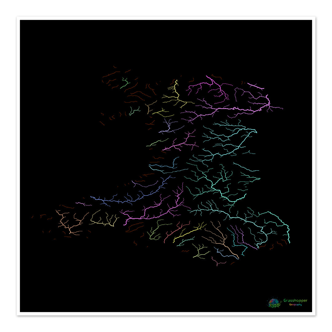 River basin map of Wales, pastel colours on black - Fine Art Print