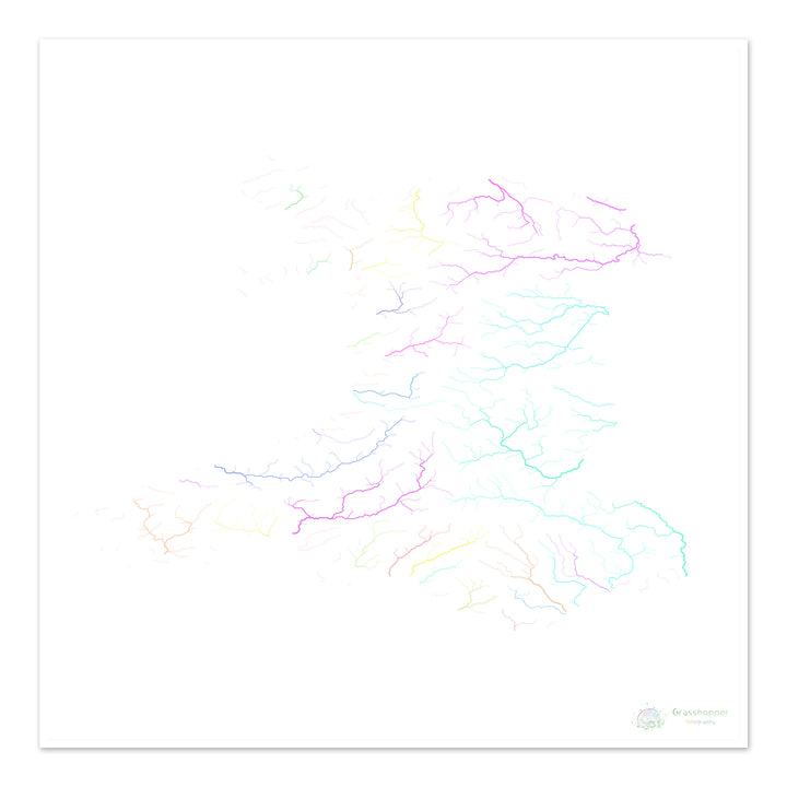 Pays de Galles - Carte des bassins fluviaux, pastel sur blanc - Fine Art Print