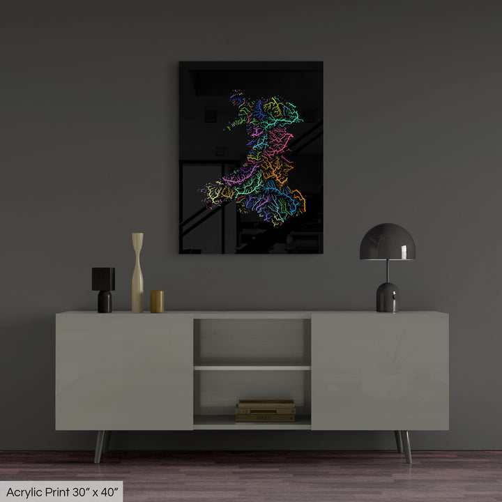 Wales - River basin map, rainbow colours - Wall Art