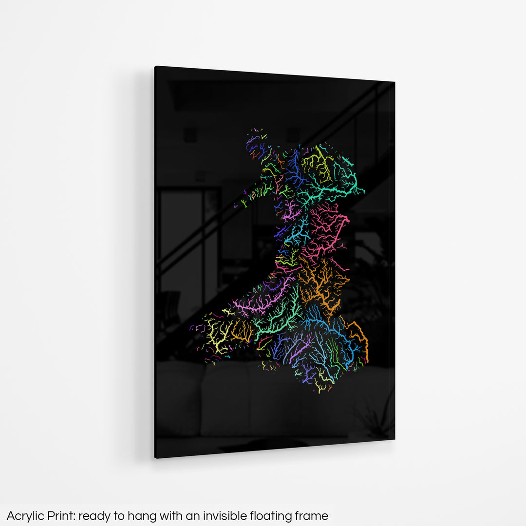 Wales - River basin map, rainbow colours - Wall Art