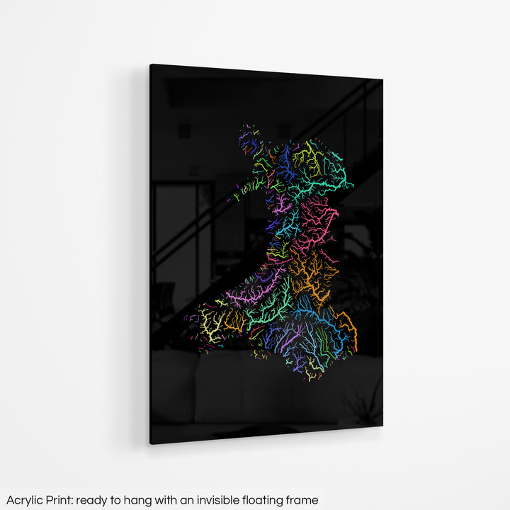 Wales - River basin map, rainbow colours - Wall Art
