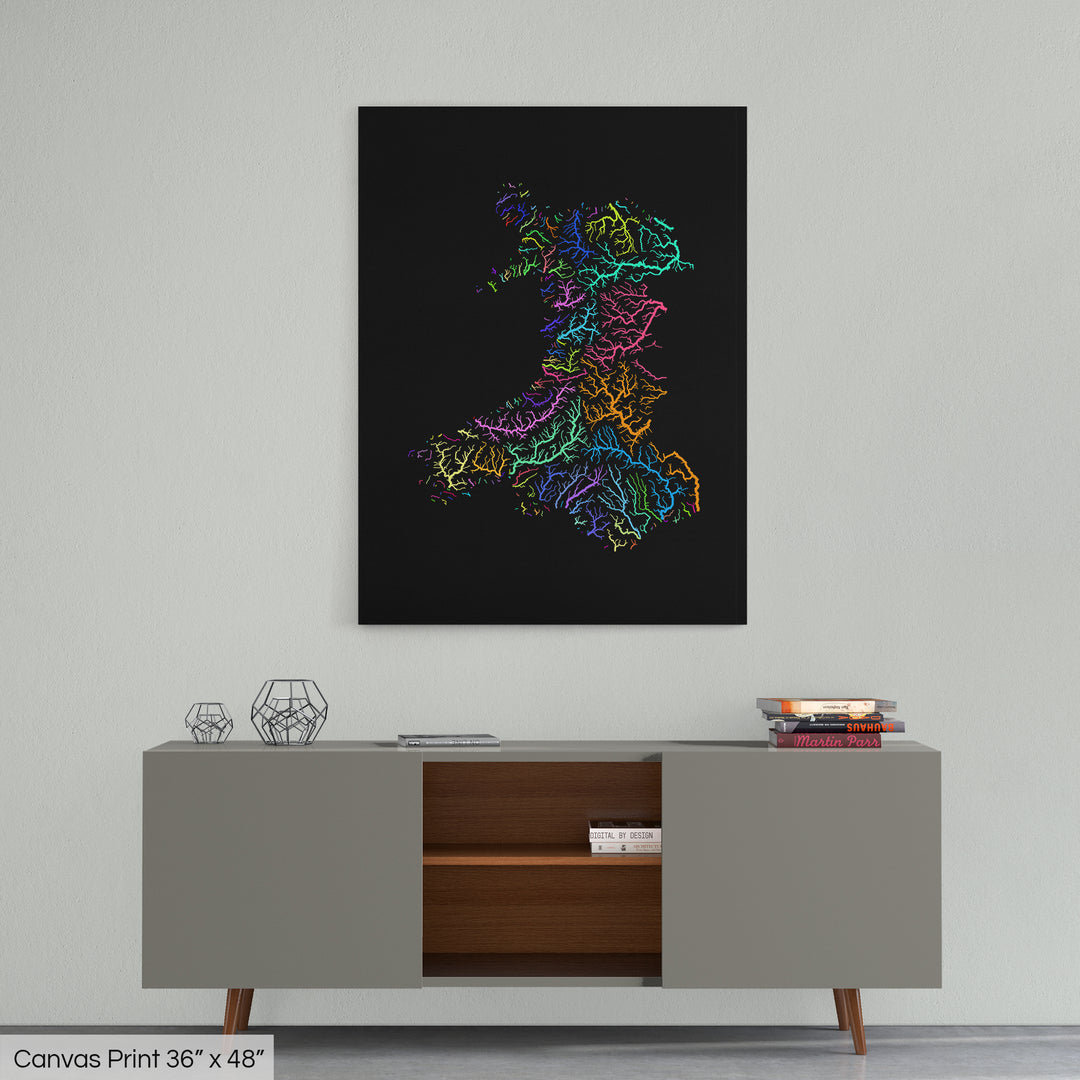 Wales - River basin map, rainbow colours - Wall Art