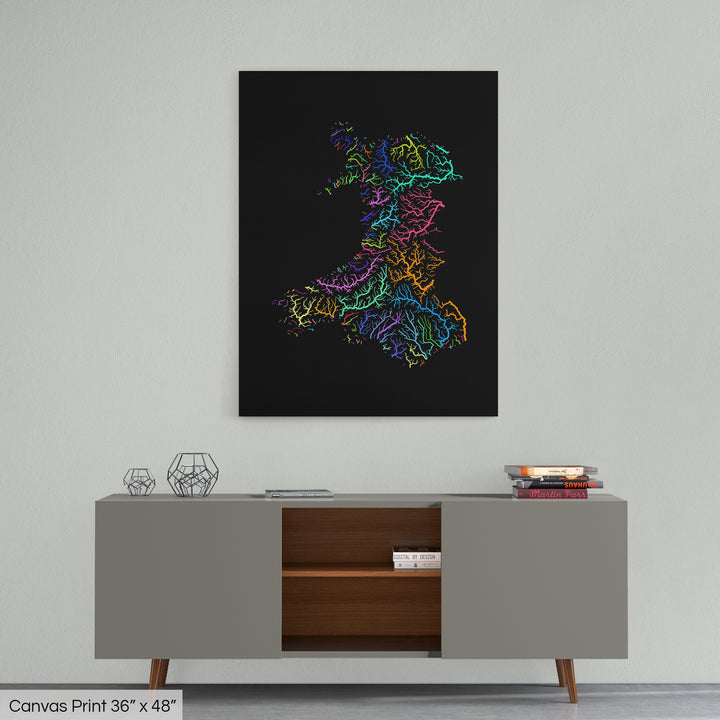 Wales - River basin map, rainbow colours - Wall Art