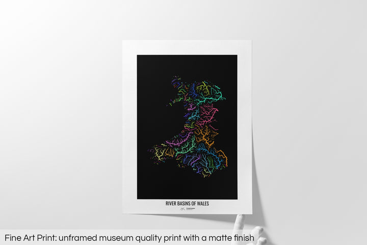 Wales - River basin map, rainbow colours - Wall Art