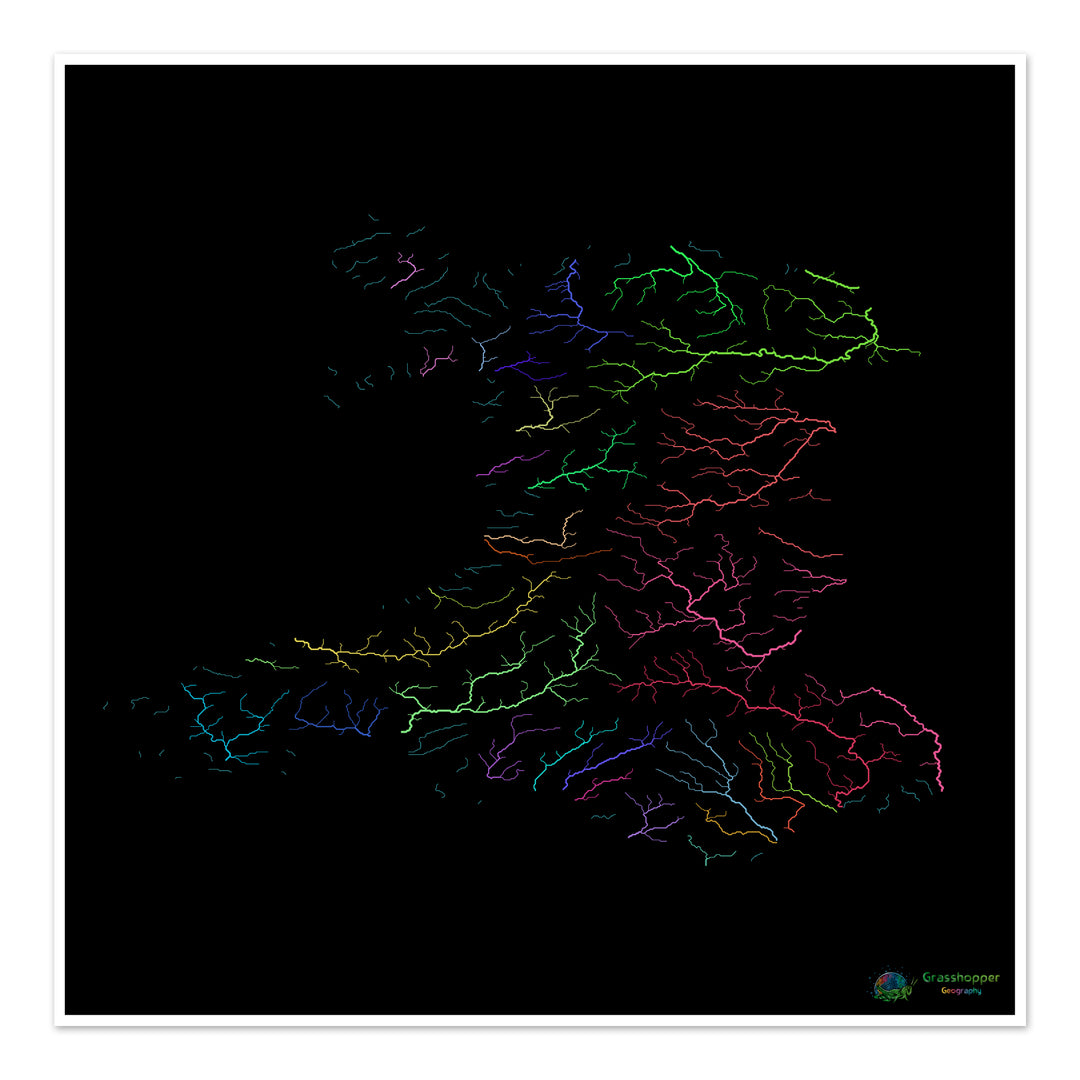 Gales - Mapa de la cuenca fluvial, arco iris sobre negro - Impresión de bellas artes