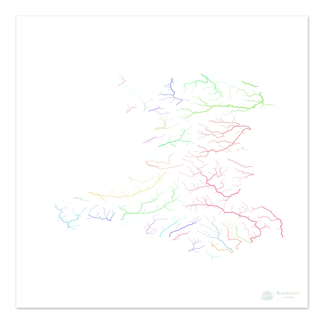 Wales - River basin map, rainbow on white - Fine Art Print