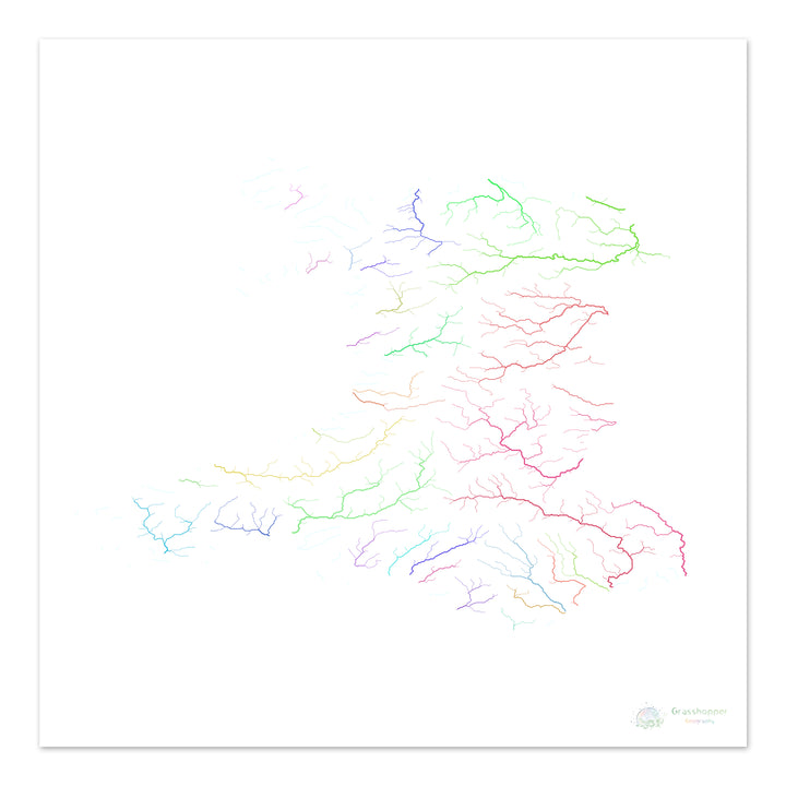 Wales - River basin map, rainbow on white - Fine Art Print