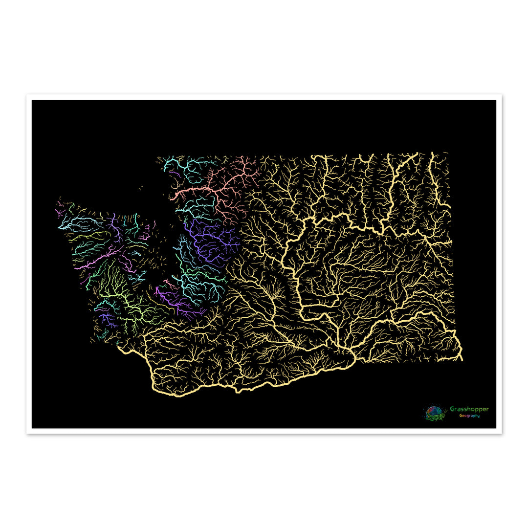 River basin map of Washington, pastel colours on black - Fine Art Print