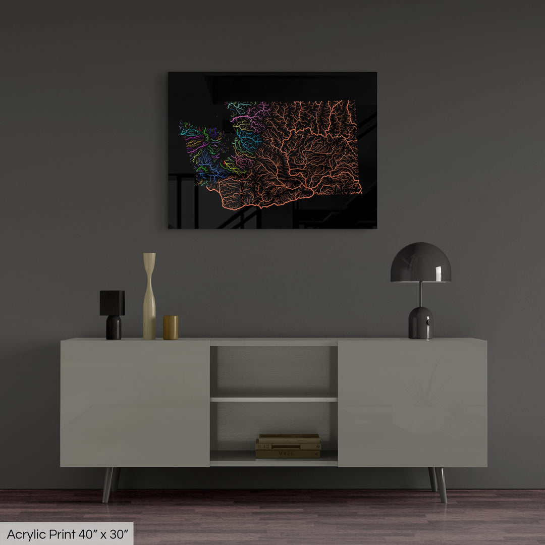 Washington - River basin map, rainbow colours - Wall Art