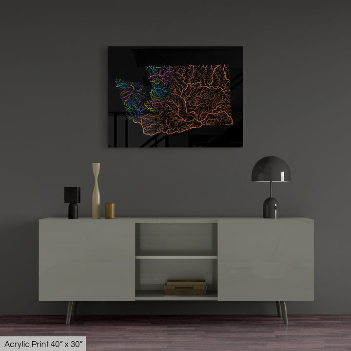 Washington - River basin map, rainbow colours - Wall Art