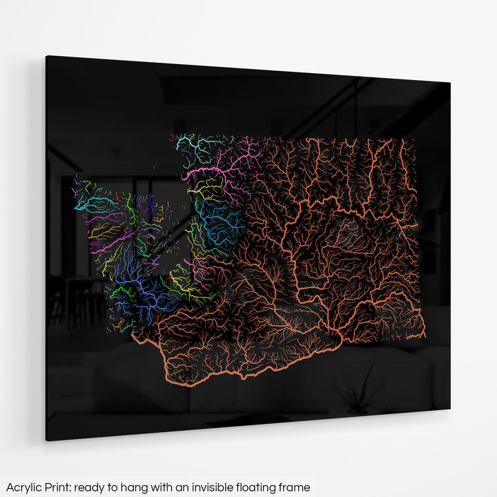 Washington - River basin map, rainbow colours - Wall Art
