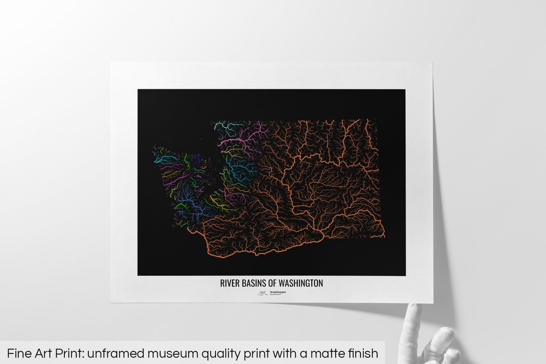 Washington - River basin map, rainbow colours - Wall Art