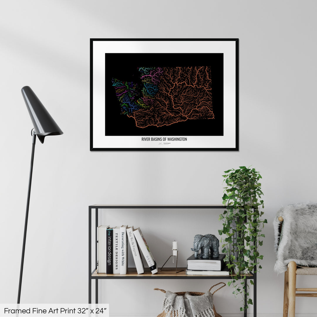 Washington - River basin map, rainbow colours - Wall Art