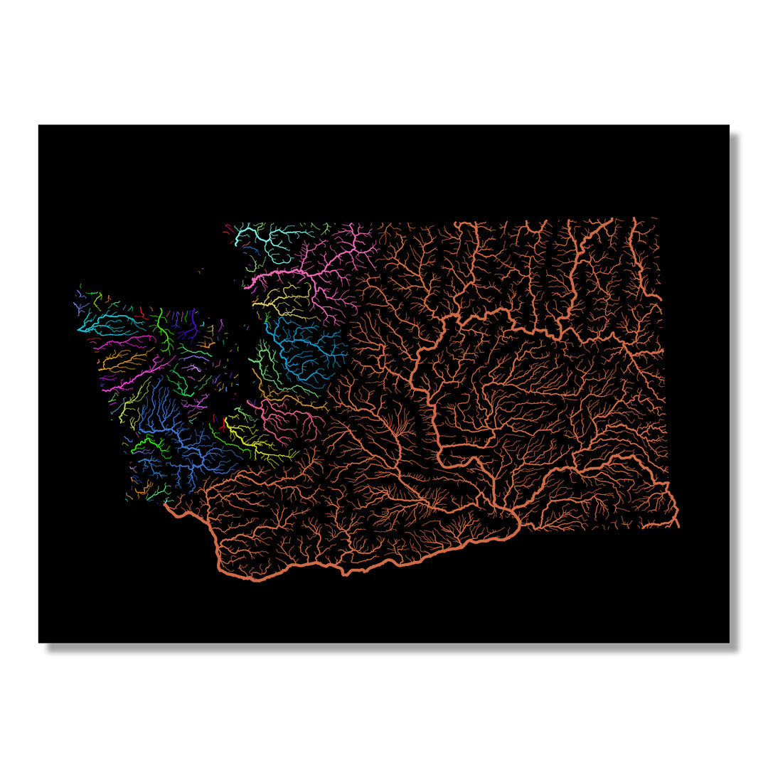 Washington - River basin map, rainbow colours - Wall Art