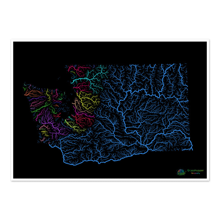 Washington - River basin map, rainbow on black - Fine Art Print